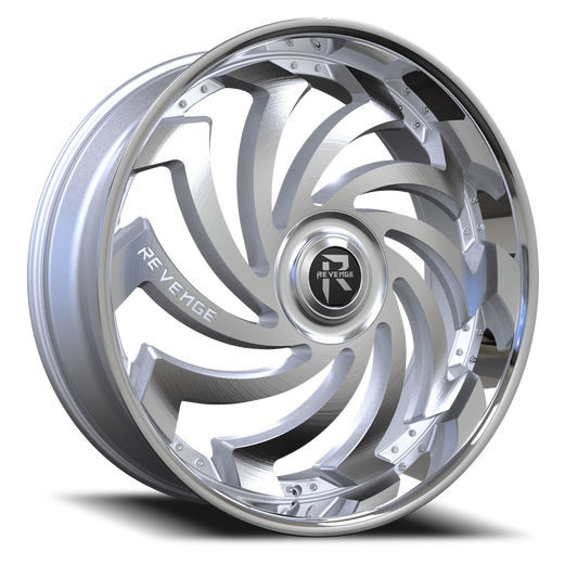 REVENGE RL108 28X9.5 +25 6X135/6X139.7 Silver Brushed Face Polished Lip