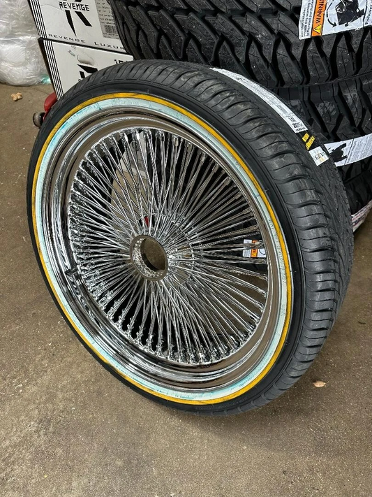 (4) 22X8 CHROME WIRE WHEELS STANDARD ON (4) 265/35R22 GOLD/WHITE VOGUE TIRES