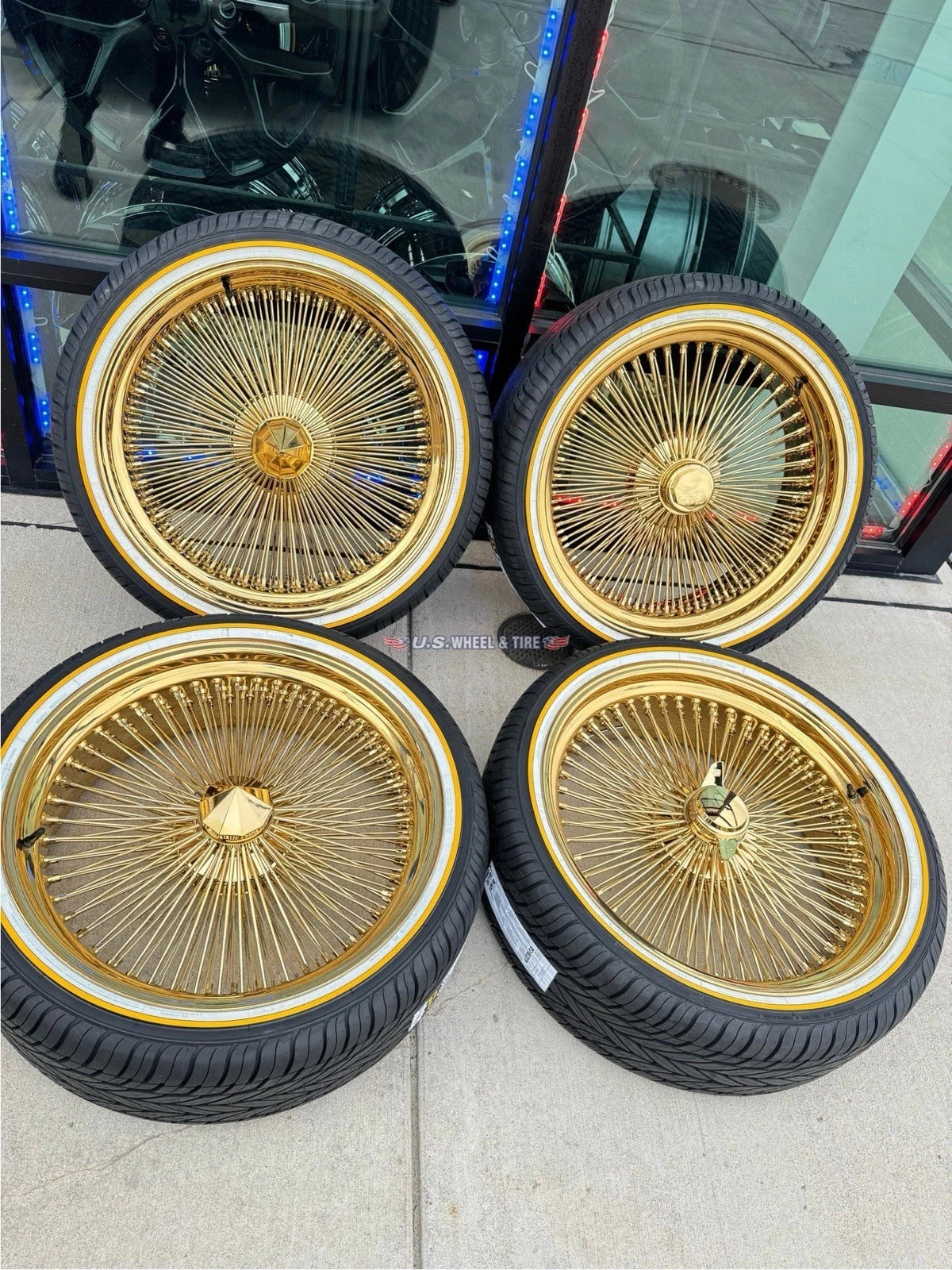 SET OF 22X8 GOLD EAGLE EYE WIRE WHEELS ON (4) 265/35R22 GOLD/WHITE VOGUE TIRES